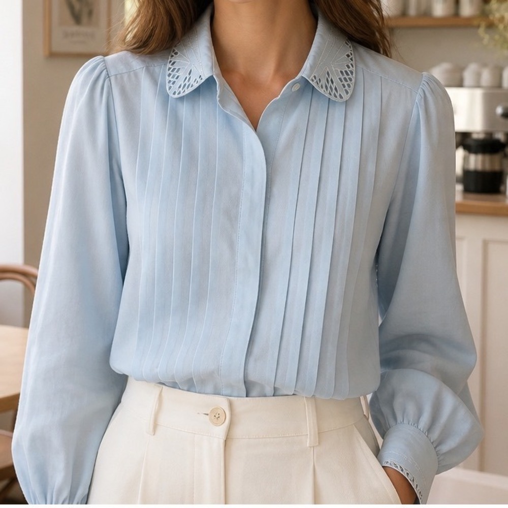 Claudia Barnes Blouse Womens‎ 10 Blue Pleated Lattice Collar Vintage 80s Career